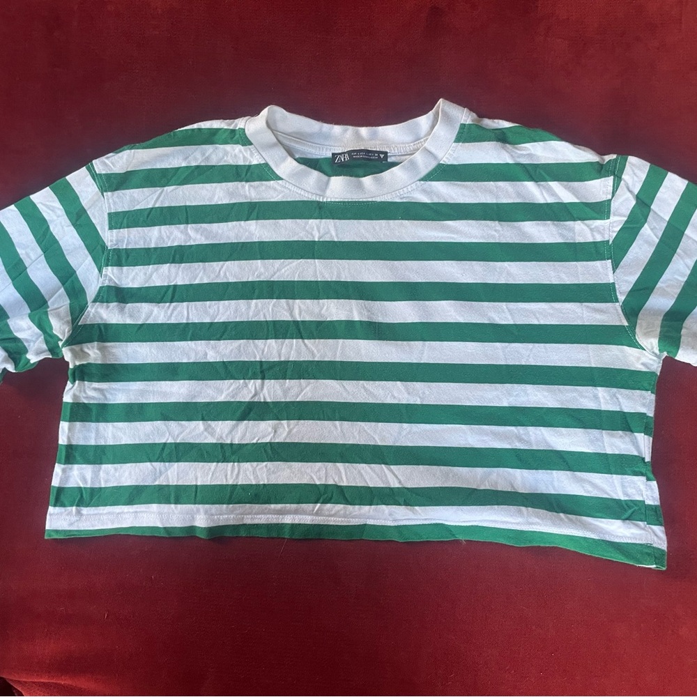 Zara White and Green Striped Boxy Tee